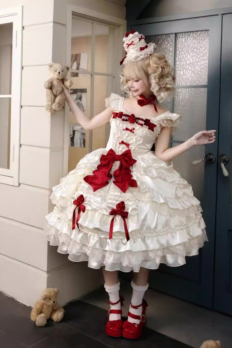 Apricot [Berry Endless] Square Collar Sleeveless Multi-Layered Ruffled Embroidered Bow Lace Sweet Lolita Jsk Dress