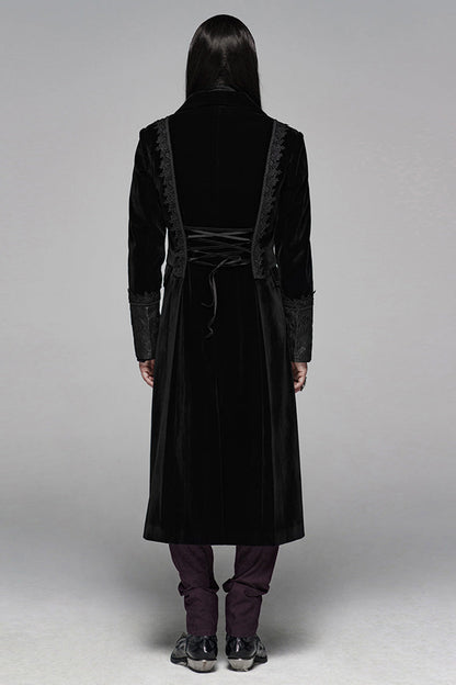 Black Long Sleeves Jacquard Lace-Up Slim Men's Gothic Long Coat