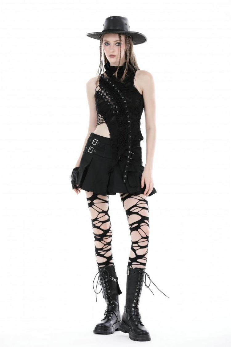 Black High Collar Sleeveless Irregular Asymmetric Lace-Up Eyelet Women's Punk Ripped Tank Top