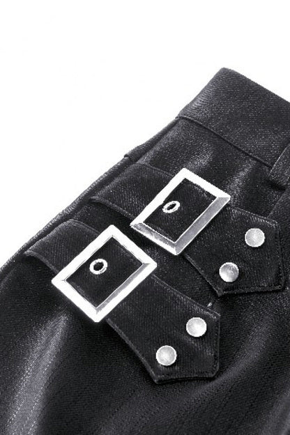 Black Leather Women's Punk Buckled Side Slit Irregular Hem Skirt