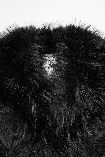 Black Fuax Fur Collar Long Sleeves Jacquard Zipper Men's Gothic Coat