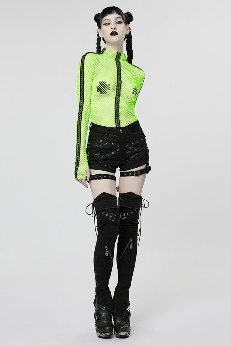 Black Faux Leather Stitching Mesh Buckles Women's Steampunk Shorts