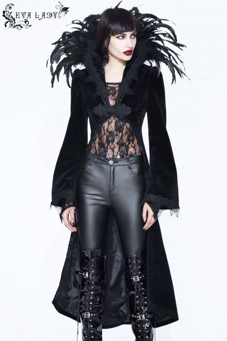 Black Feathered Collar Long Sleeves Bowknot Women's Gothic Tailcoat