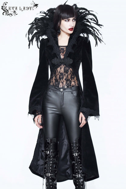 Black Feathered Collar Long Sleeves Bowknot Women's Gothic Tailcoat