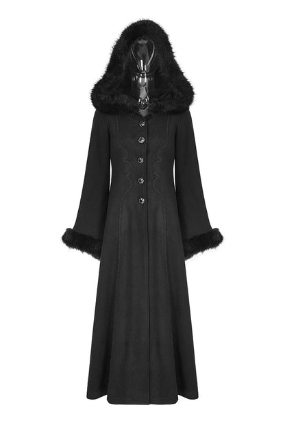 Black Hooded Print Womens Single-Breasted Long Maxi Gothic Coat