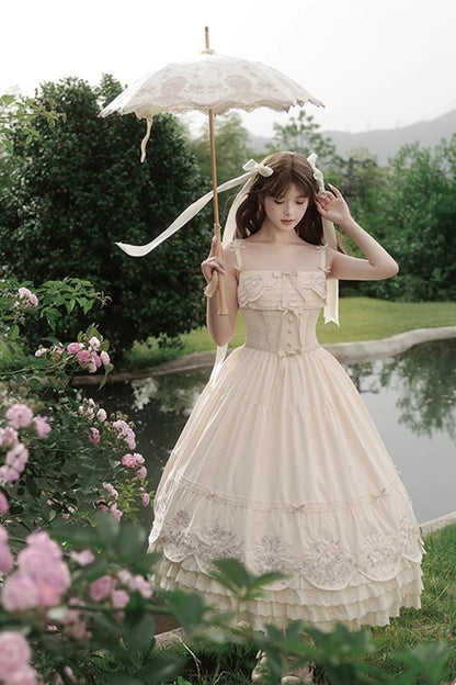 Apricot [Fantasy Butterfly] Triple-Layered Ruffle Embroidery Bowknot Lace Sweet Princess Lolita Jsk Dress