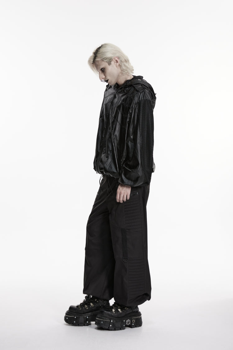 Black Lapel Collar Long Lantern Sleeves Lace-Up Hooded Mesh Zippered Men's  Punk Cool Jacket