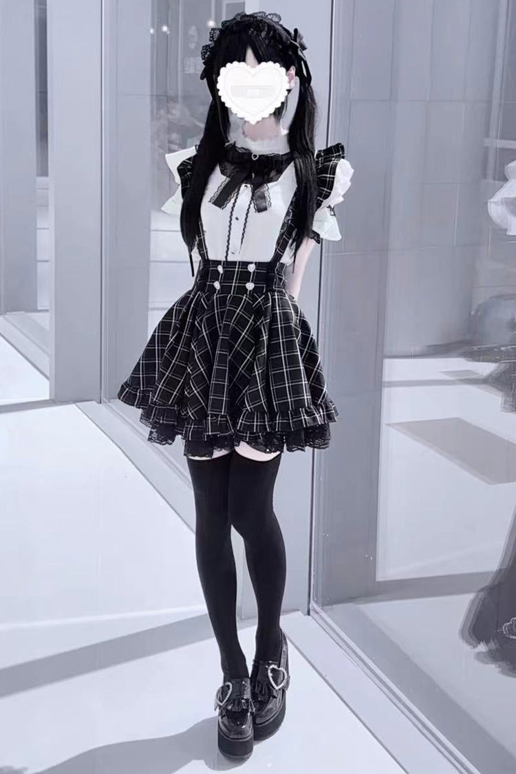 Black Plaid Print Ruffle Lace Jirai Kei Japanese Strap Dress