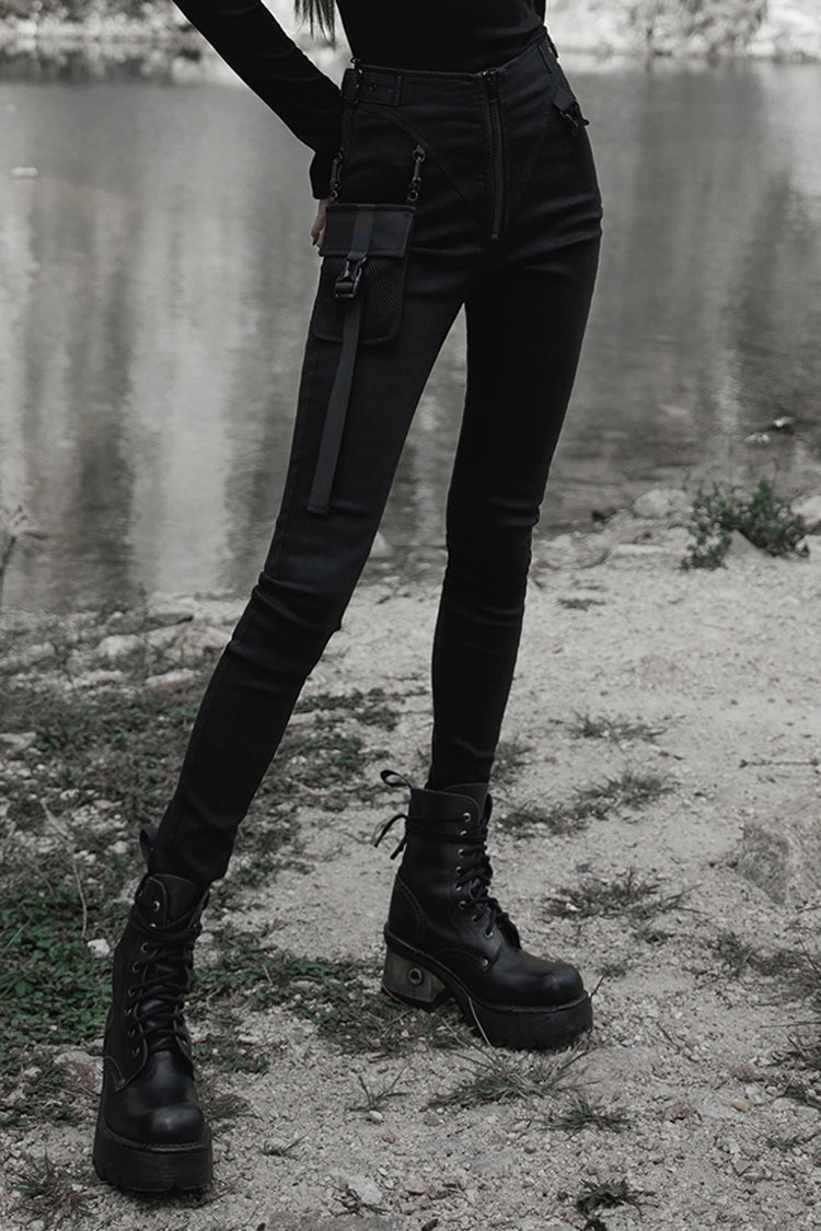 Black Functional Tooling Style Pocket Belt Trim V-Shaped Split Zipper Women's Punk Trousers
