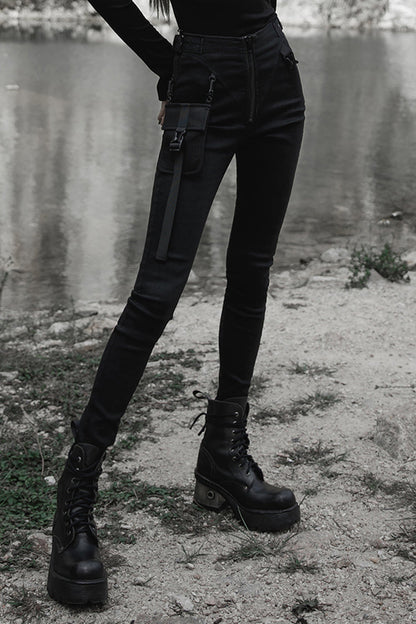 Black Functional Tooling Style Pocket Belt Trim V-Shaped Split Zipper Women's Punk Trousers