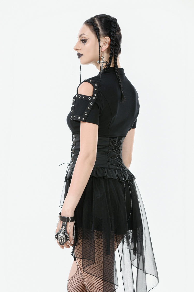 Black High Waisted Lace-Up High/low Mesh Women's Punk Skirt