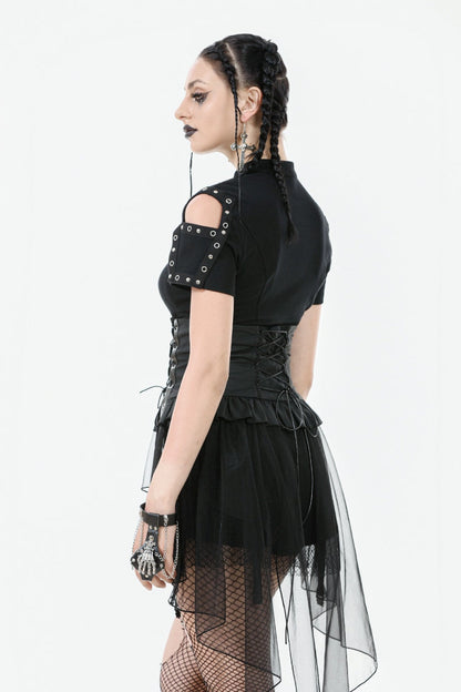Black High Waisted Lace-Up High/low Mesh Women's Punk Skirt