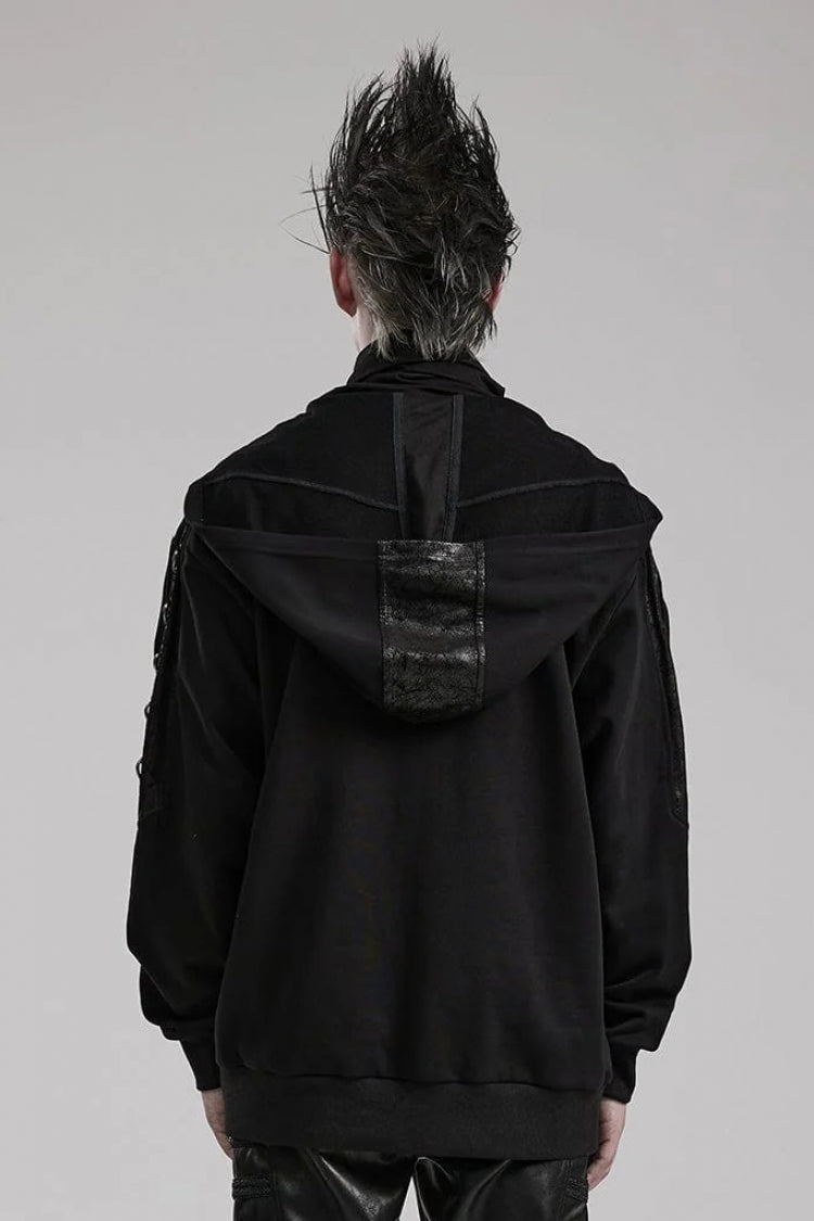 Black High Collar Long Sleeves Stitching Hooded Mens Steampunk Jacket