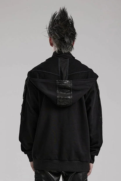 Black High Collar Long Sleeves Stitching Hooded Mens Steampunk Jacket