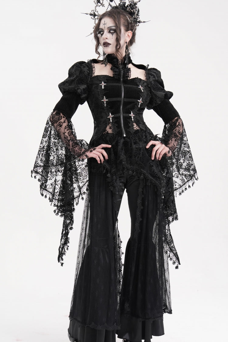 Black Long Sleeves Hollow Lace Tassels Women's Gothic Jacket