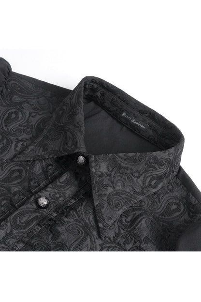 Black Lapel Collar Lantern Sleeves Jacquard Embroidery Men's Gothic Blouse