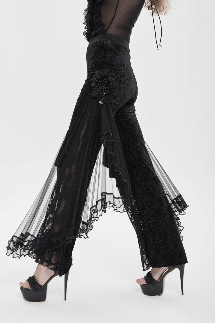 Black Embroidered Lace Women's Printed Mesh Floral Gothic Pants