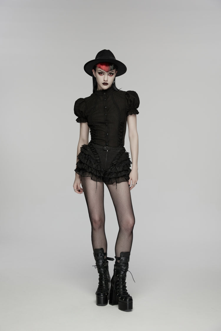 Black Multi-Layered Embroidered Lace Lace-Up Pleated Women's Gothic Shorts