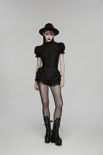Black Multi-Layered Embroidered Lace Lace-Up Pleated Women's Gothic Shorts