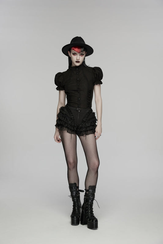 Black Multi-Layered Embroidered Lace Lace-Up Pleated Women's Gothic Shorts