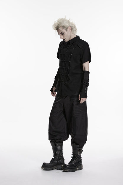 Black Lapel Collar Short Sleeves Studded Men's Punk Skull Handsome Cool Shirt