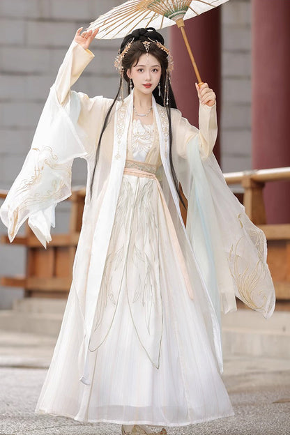 Beige Long Sleeves High Waisted Jacquard Print Embroidery Women's Sweet Hanfu Dress Full Set