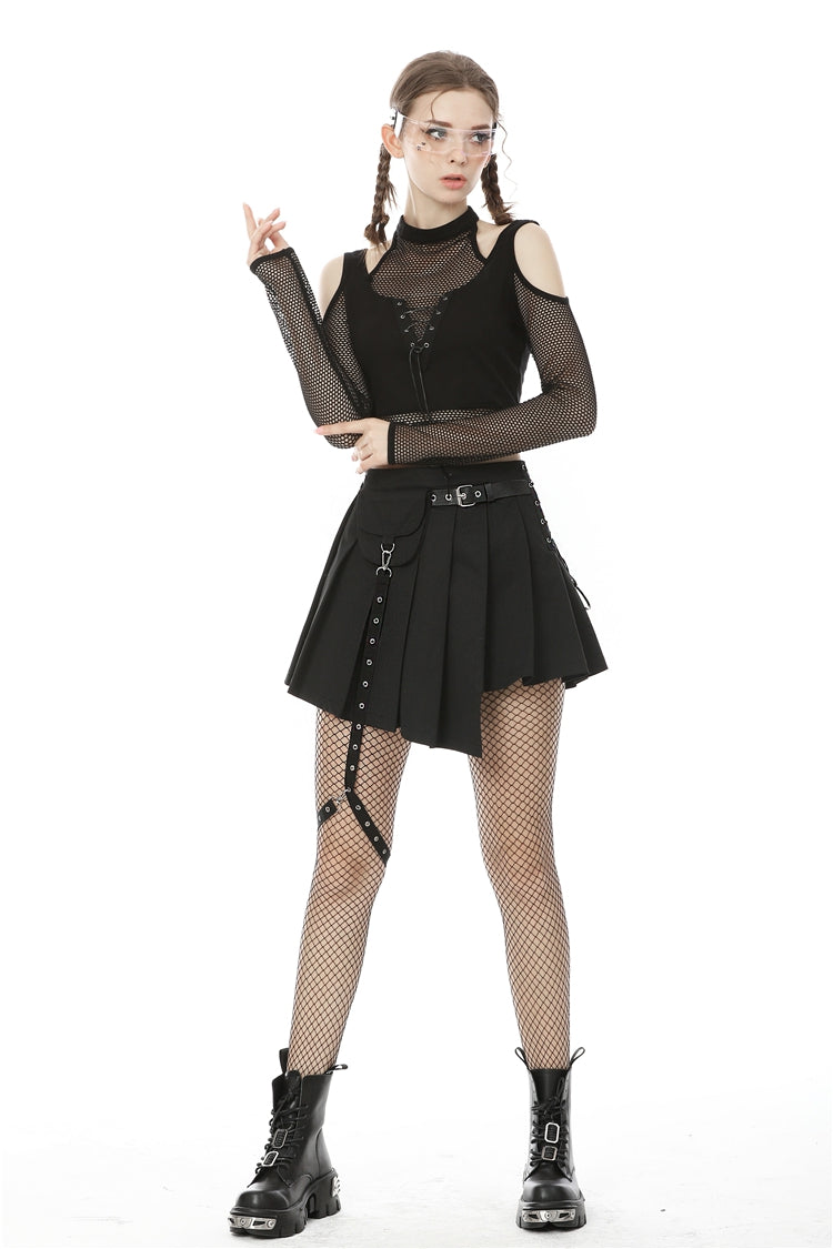 Black Lace-Up Irregular Hem Pleated Women's Punk Skirt with Side Bag