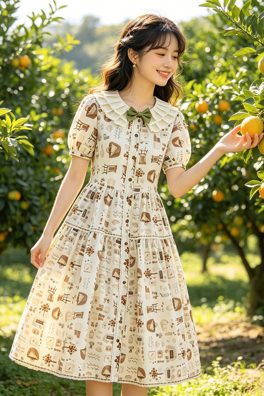 Apricot Short Sleeves Printed Ruffled Bow Sweet Plus Size Lolita Dress