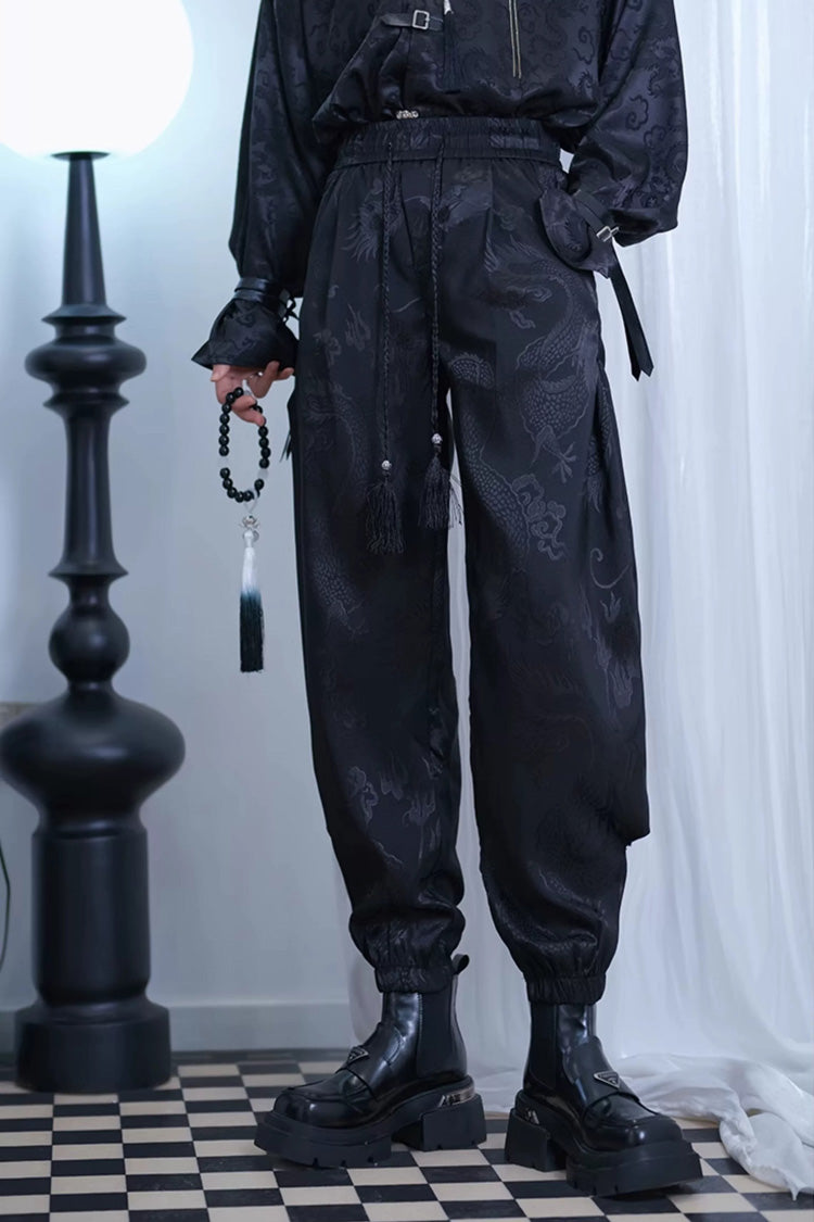 Black Dragon-Pattern Jacquard Printed Ouji Gothic Chinese Style Handsome Lolita Tassel Pants