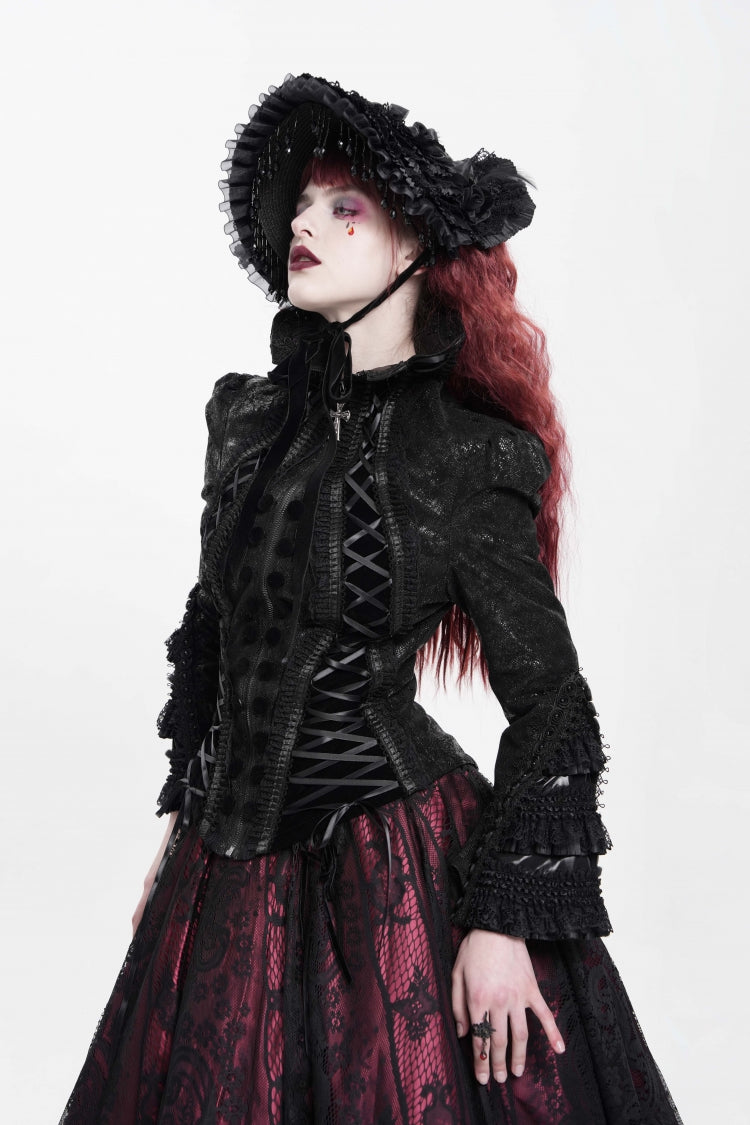 Black Lapel Collar Long Trumpet Sleeves Ruffle Lace-Up Zipper Women's Gothic Jacket