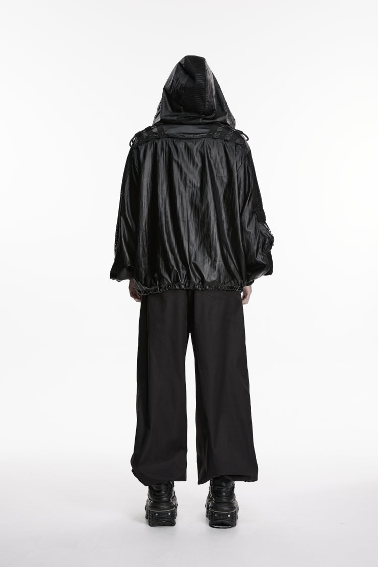 Black Lapel Collar Long Lantern Sleeves Lace-Up Hooded Mesh Zippered Men's  Punk Cool Jacket