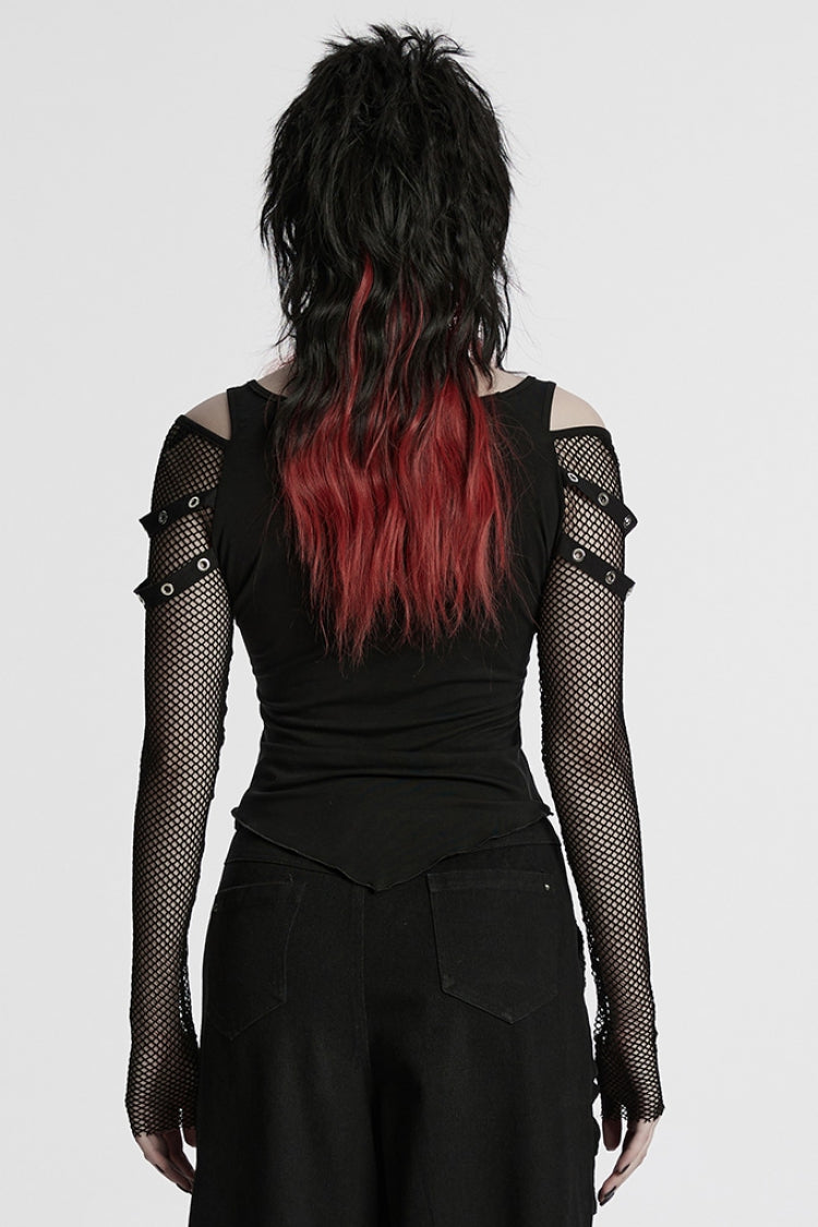 Black Long Sleeves Cutout Skull Print Stitching Mesh Women's Punk Blouse