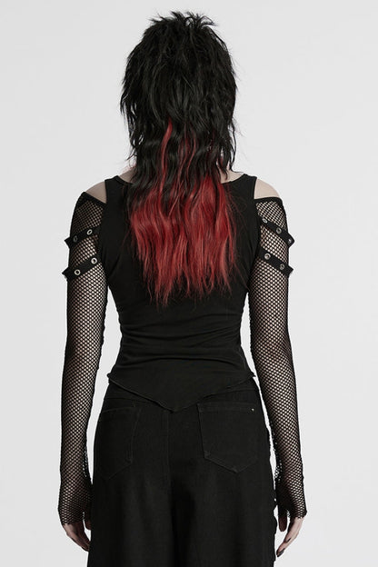 Black Long Sleeves Cutout Skull Print Stitching Mesh Women's Punk Blouse