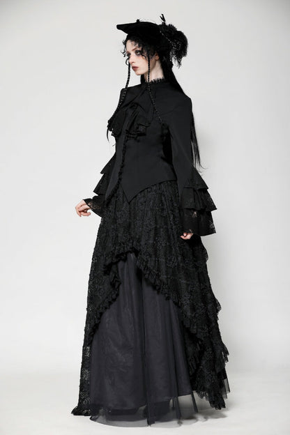 Black Lace Stand Collar Multi-Layered Ruffled Long Flared Sleeves Women's Gothic Blouse