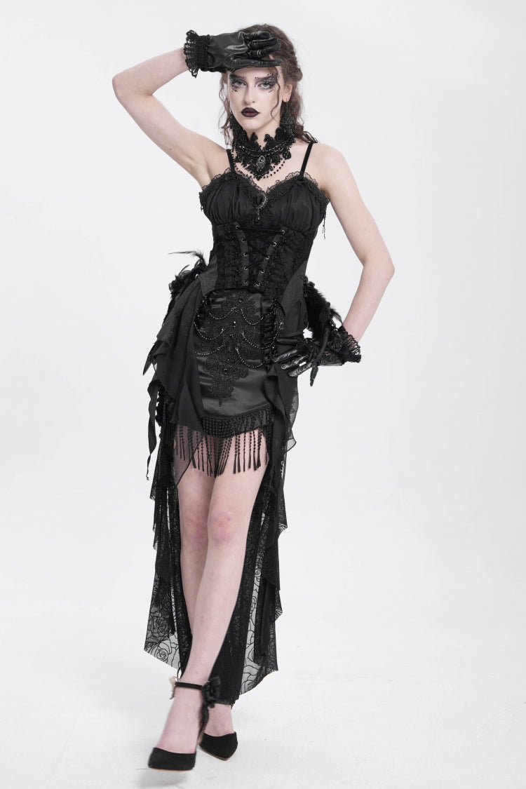 Black Embroidery Stitching Lace Mesh Women's Gothic Skirt With Train