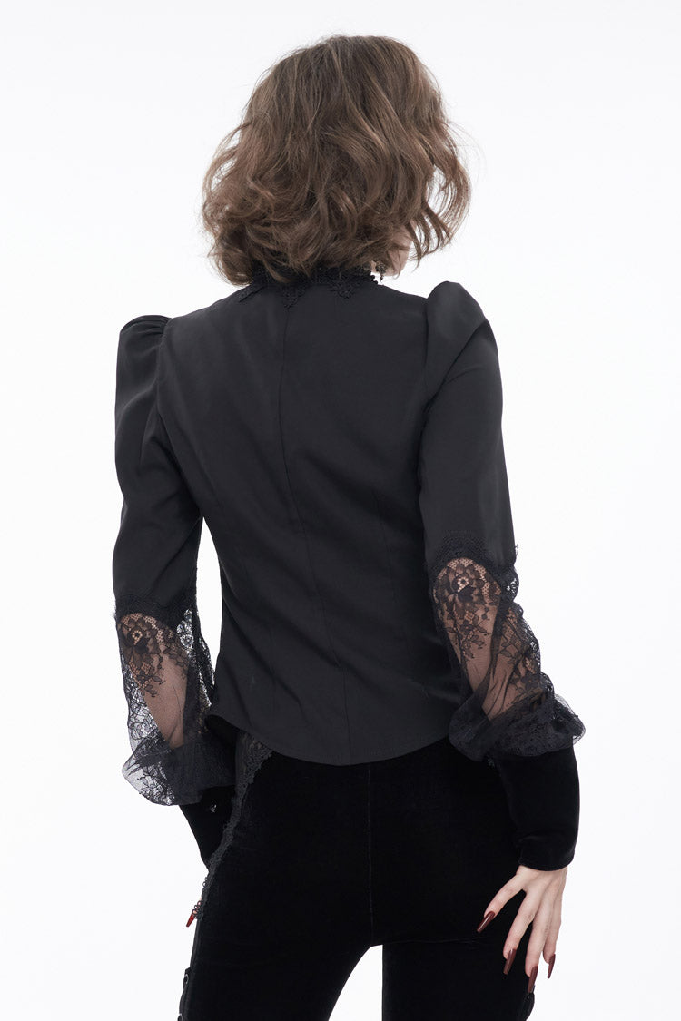 Black High Collar Translucent Lace Patchwork Bow Decoration Long Sleeve Women's Gothic Shirt