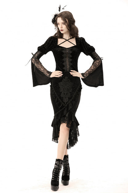 Black Jacquard Lace Lace-Up Women's Gothic Dovetail Wrap Skirt