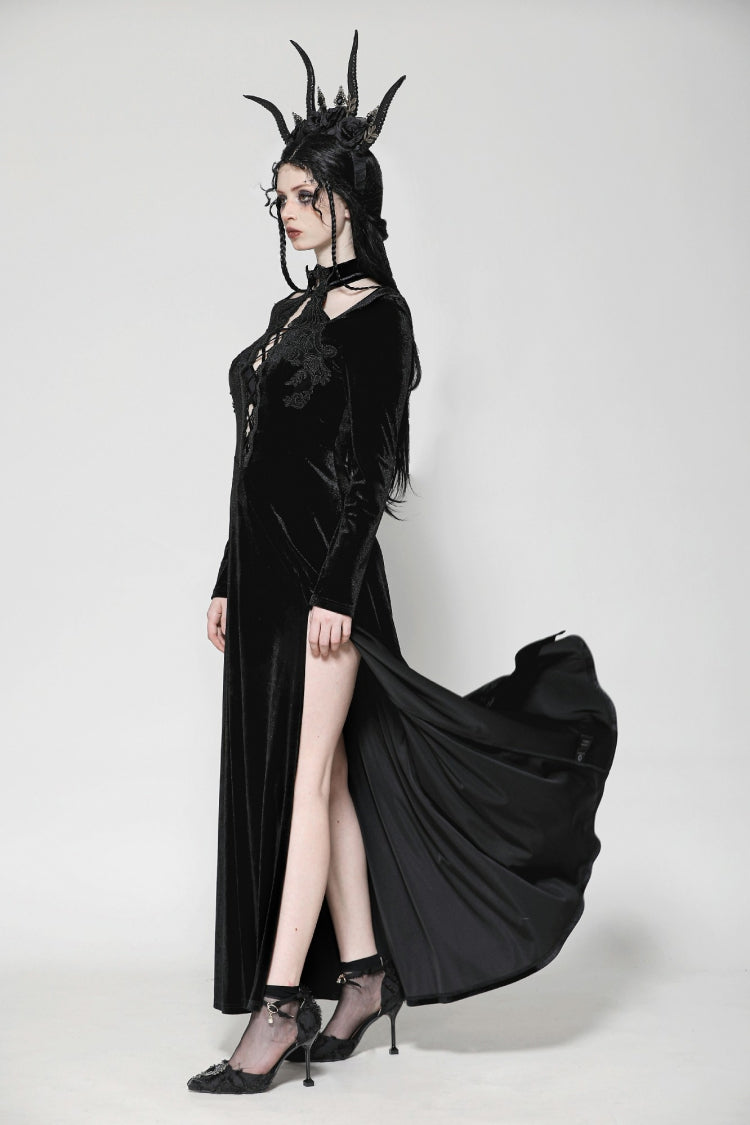 Black Long Sleeves Cut-Out Lace-Up Women's Gothic Side Slit Velvet Party Dress Wedding Dress