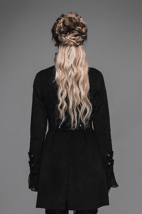 Black Floral Flocking Leather Loops Stand Collar Poncho Womens Gothic Coat