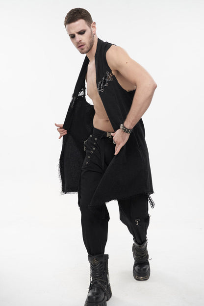 Black Aluminum Chain Stitching Design Distressed Cotton Linen All Seasons Men's Punk Vest