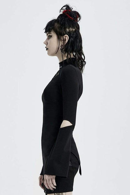 Black Gothic Stretch Knitted Fabric Spliced Geometric Mesh Design Women's Long Sleeve T-Shirt