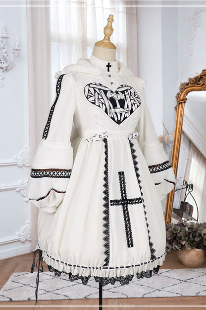 Beige Detachable Hat High Neck Woolen Cuffs Demon Rabbit Gothic Lolita OP Dress