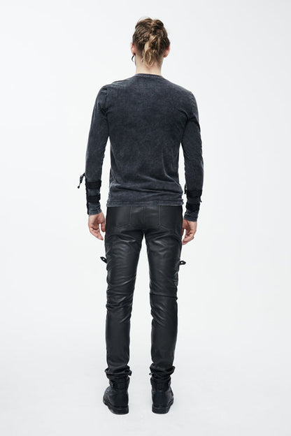 Black Faded Long Sleeves Lace Up Mens Punk T-Shirt