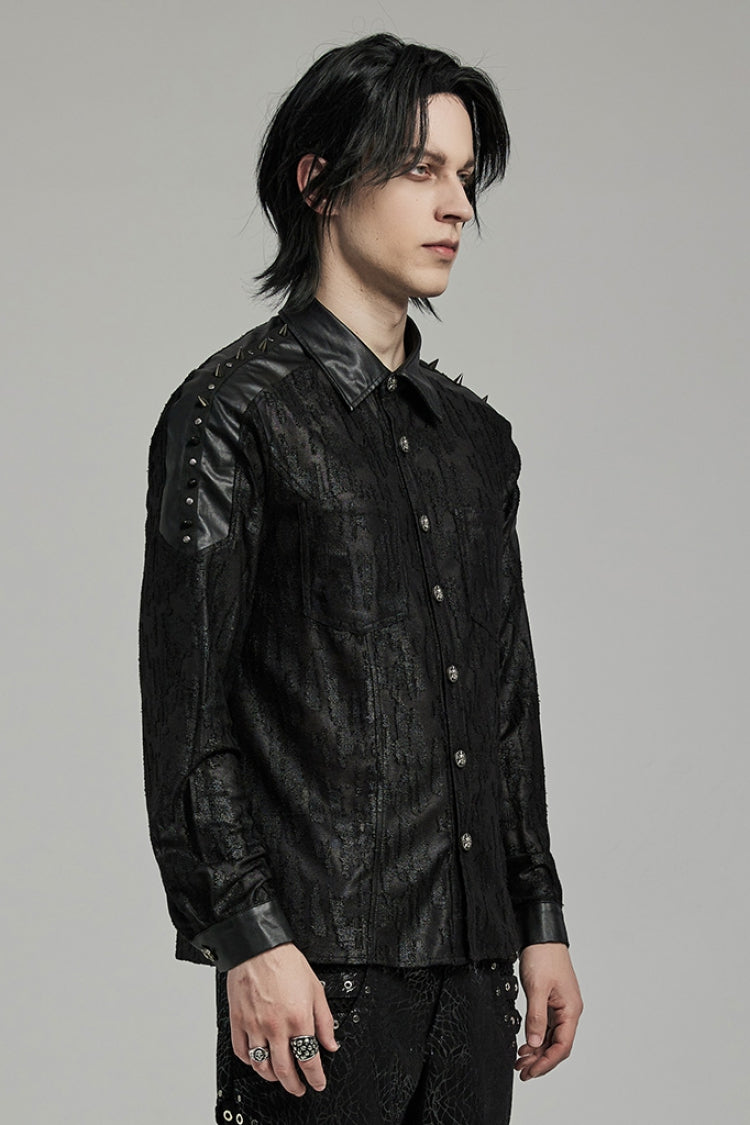 Black Lapel Collar Long Sleeves Faux Leather Stitching Men's Punk Blouse
