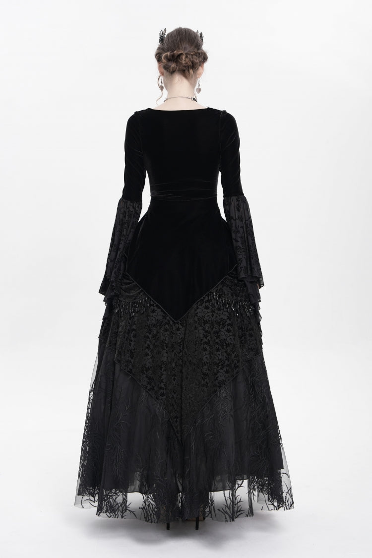 Black Long Sleeves Lace-Up Beaded Pleated Women's Gothic Blouse