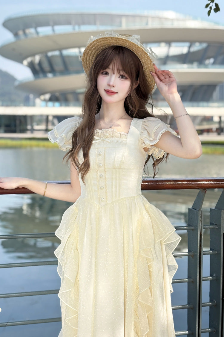 Apricot [Moonlight Beach] Square Collar Short Sleeves Ruffle Sweet Lolita Dress