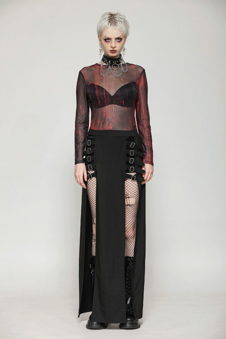 Black Buckled Zippered Women's Punk Side Slit Long Skirt