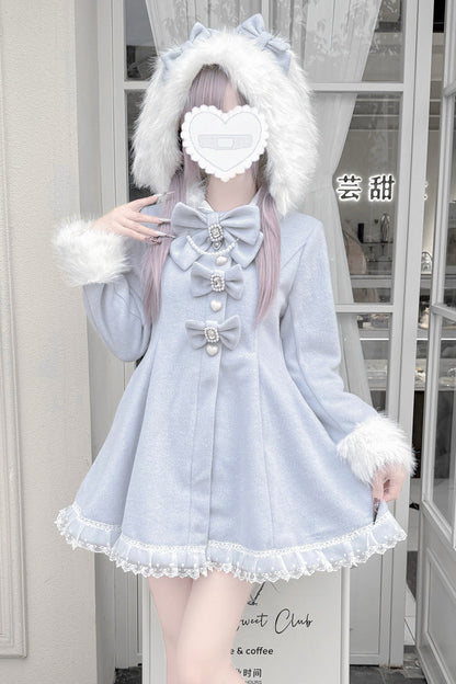 Aqua Long Sleeves Bowknot Rabbit Ears Detachable Hooded Japanese Jirai Kei Coat