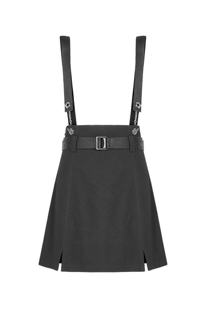 Black Metal Ring Shoulder-Strap Buckle Belt Split Hem A-Shaped Women's Punk Skirt
