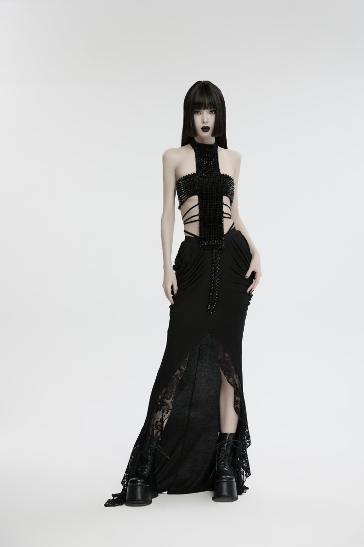 Black Off Shoulder Lace Lace-Up Slim Studded Buckled Women's Gothic Corset